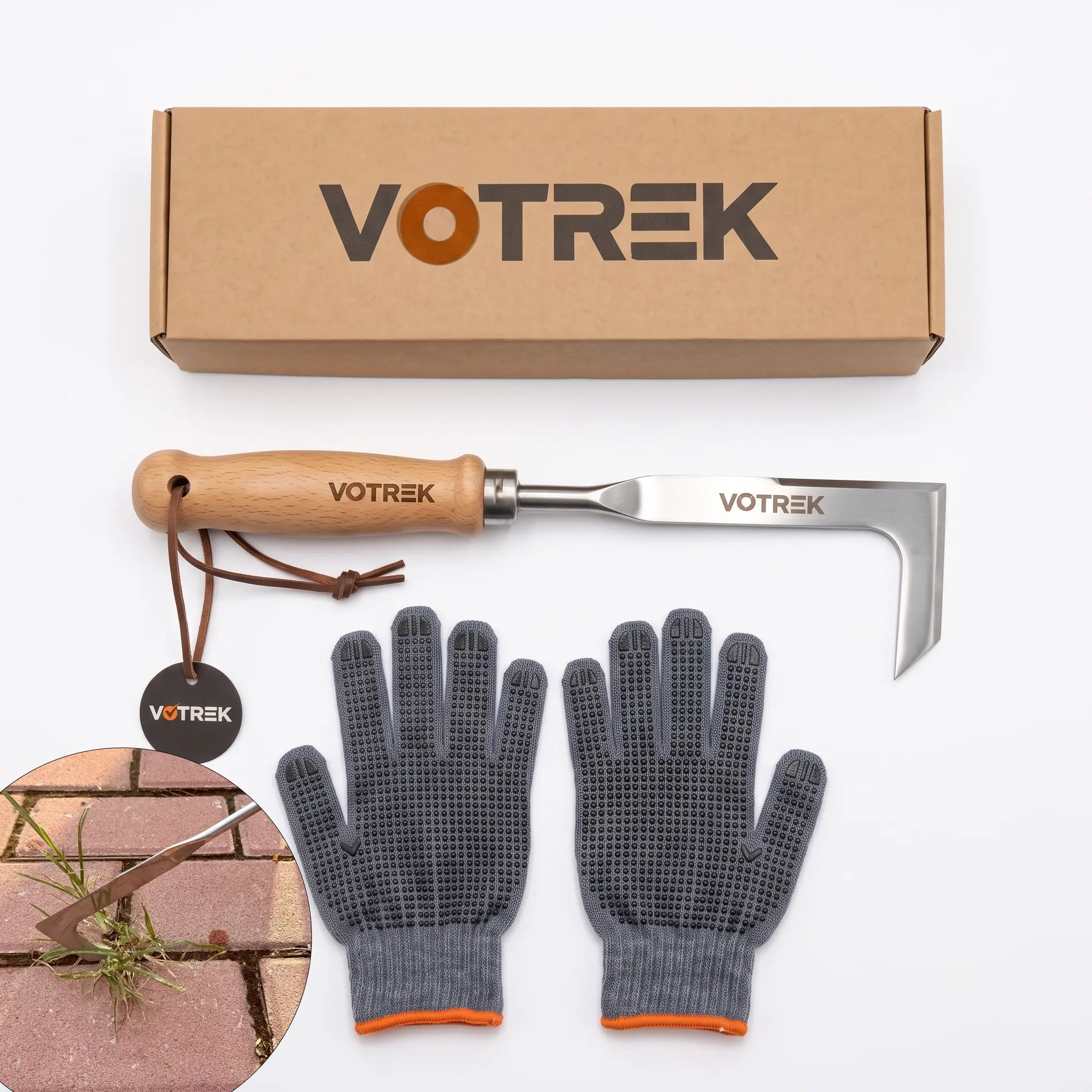 VOTREK Crevice Weeding Tool with 3-Edge Blade, Crack Weeder for Paver Brick Joints, Reinforced Beech Handle, Stainless Steel Weed Puller for Patio Sidewalk Gaps