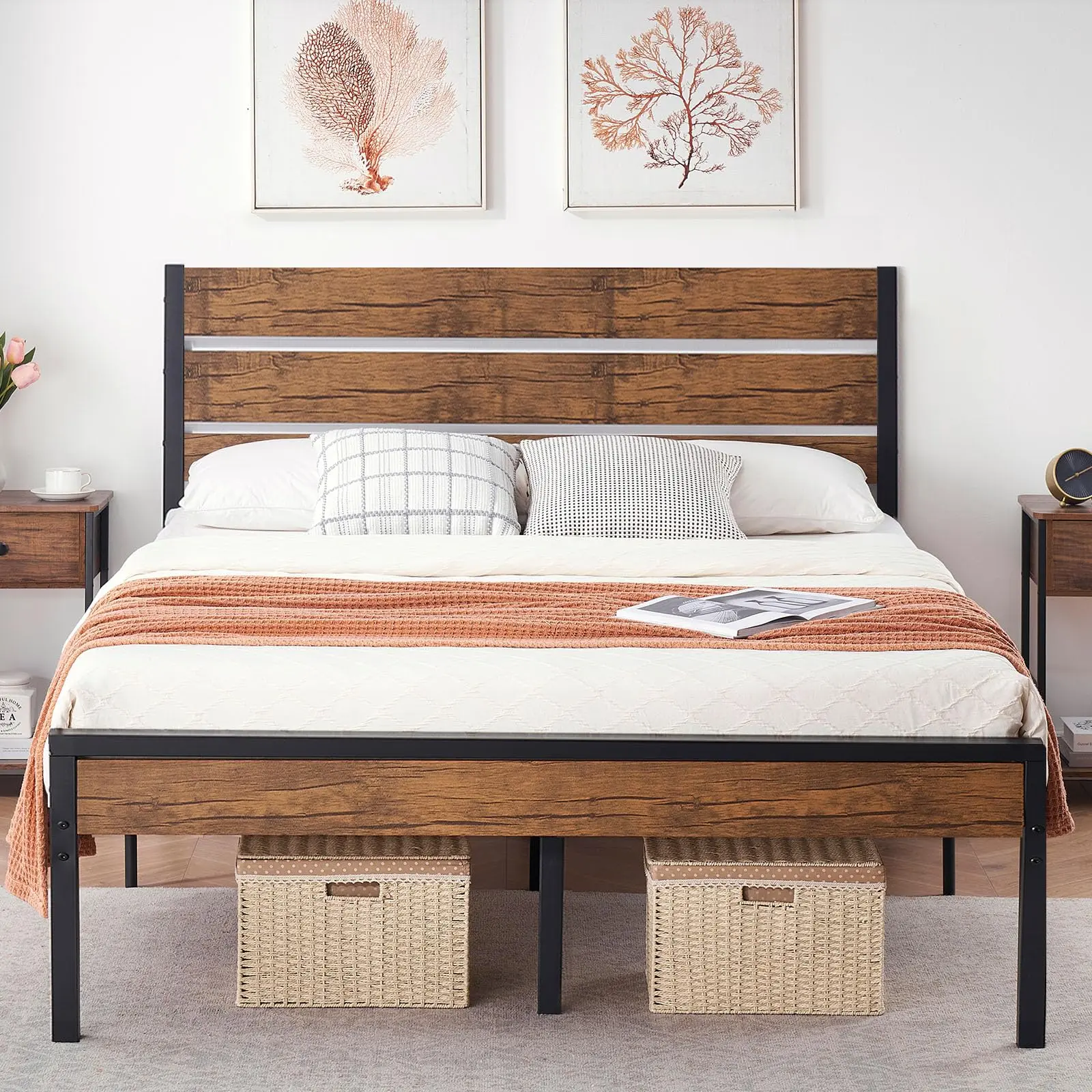 GAOMON Rustic Queen Bed Frame with Headboard,Metal Platform Farmhouse Bed Frame Metal Slat,Sturdy Heavy Duty Bed Frame,No Box Spring Needed,Easy Assembly,Under Bed Storage,Rustic Brown,Queen Size