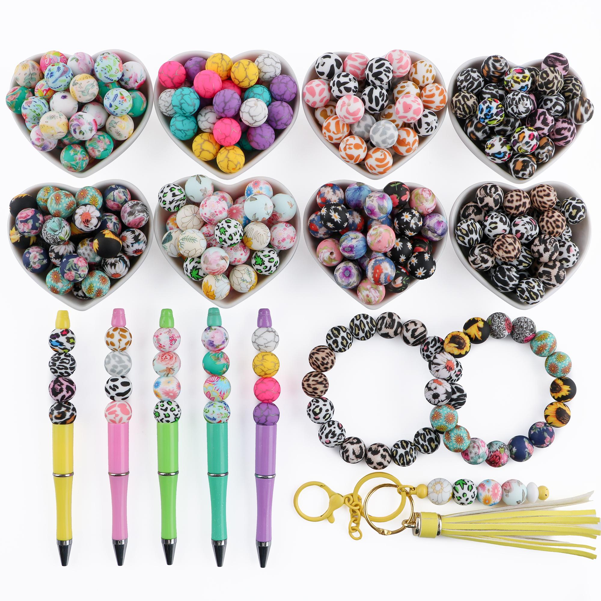 45PCS Round Silicone Beads 15mm,Pink Yellow Black Sunflower Leopard Butterfly Cow Print Silicone Beads for Keychain Making,DIY Crafts