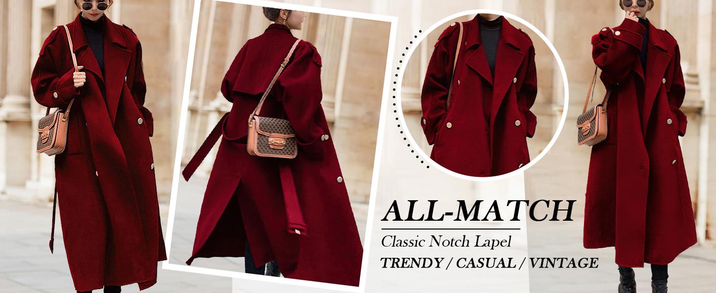 Ebossy Women's Winter Double Breasted Midi Long Wool Pea Coat Notch Lapel Trench Coat Minimalist Basic Jackets Thermal Lined Outerwear