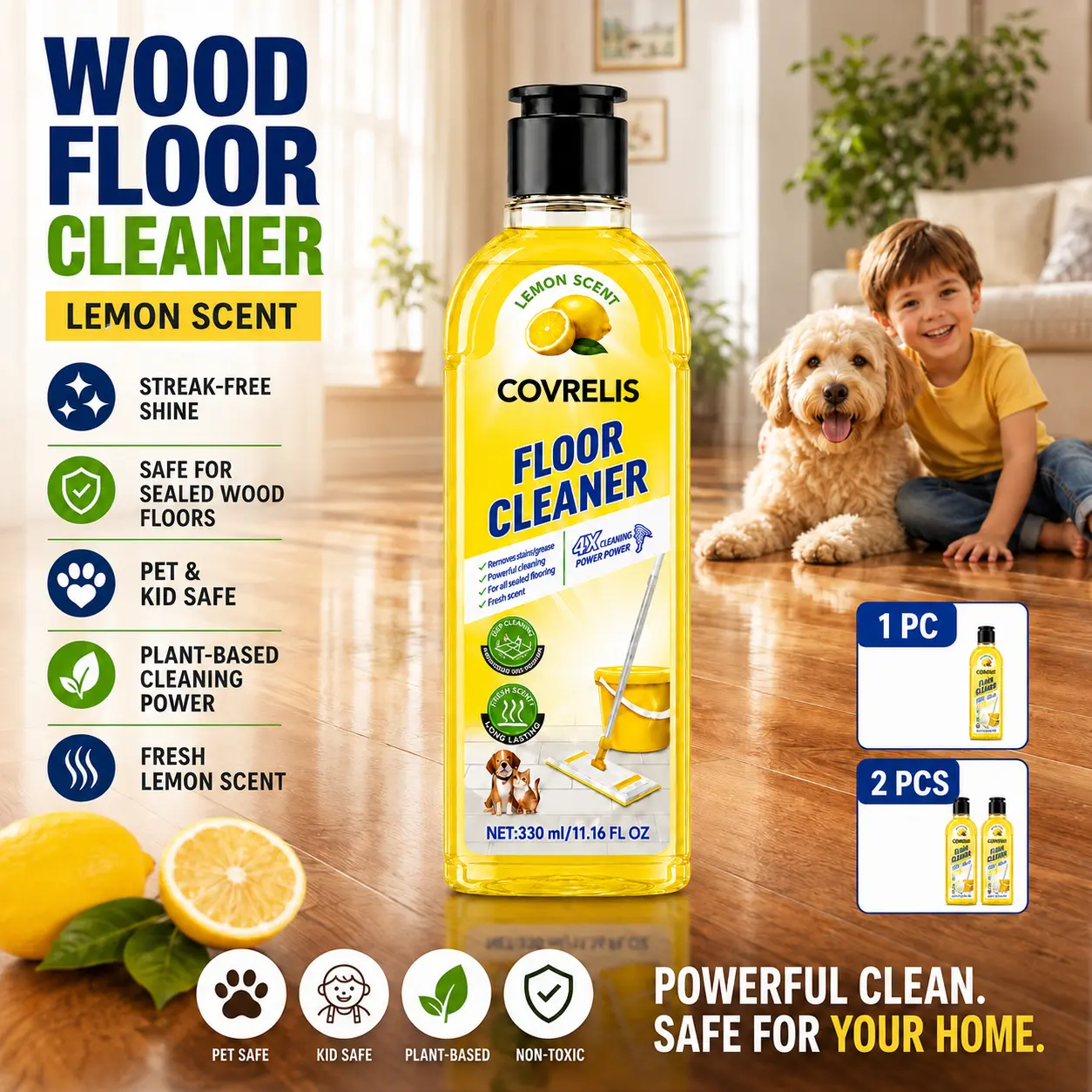 COVRELIS powerful cleaner, deep floor cleaner, magic streak-free floor cleaner | fast-drying deep cleaning solution for hardwood, tile, laminate, and vinyl floors, pet-friendly & fresh scent, floor cleaner for mopping, pet urine floor cleaner, non-slip fl
