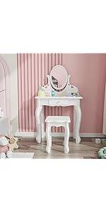 JOYMOR Kids Vanity Set with Mirror, 2-in-1 Design, Toddler Vanity w/a Drawer, Storage Box, 7 pcs Make up Accessories, Pretend Play Kids Vanity Table and Chair Set (White)