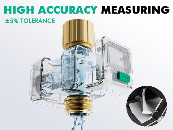 The RESTMO water flow meter measures water consumption (gallons/liter) and flow rate for RV water tank monitoring, lawn sprinklers, and nozzle sprinklers. It features brass inlet and outlet and measures water usage for outdoor garden hose watering.