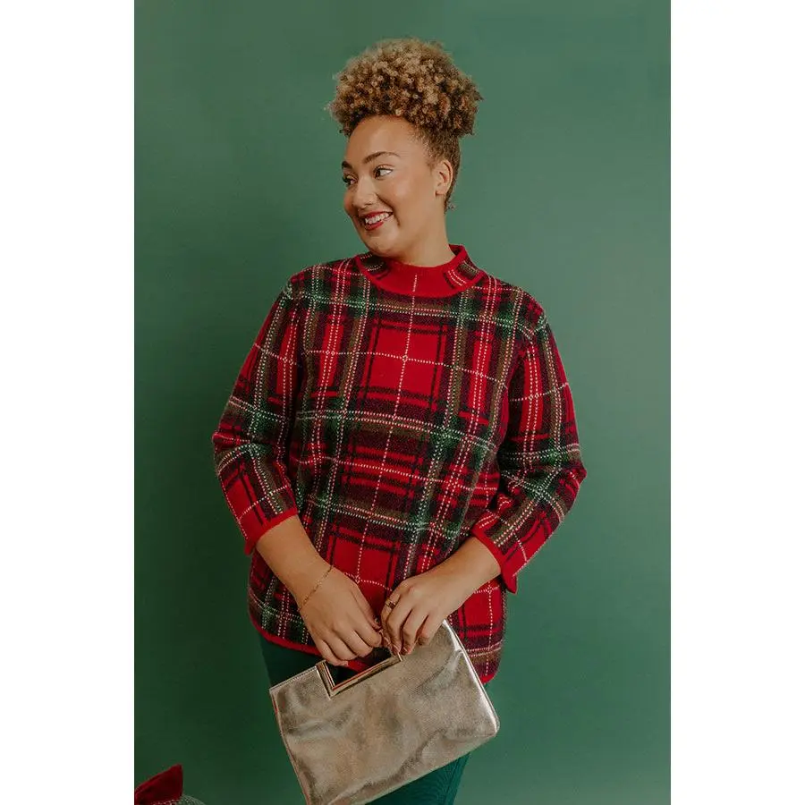 Full Of Cheer Plaid Knit Sweater in Red Curves