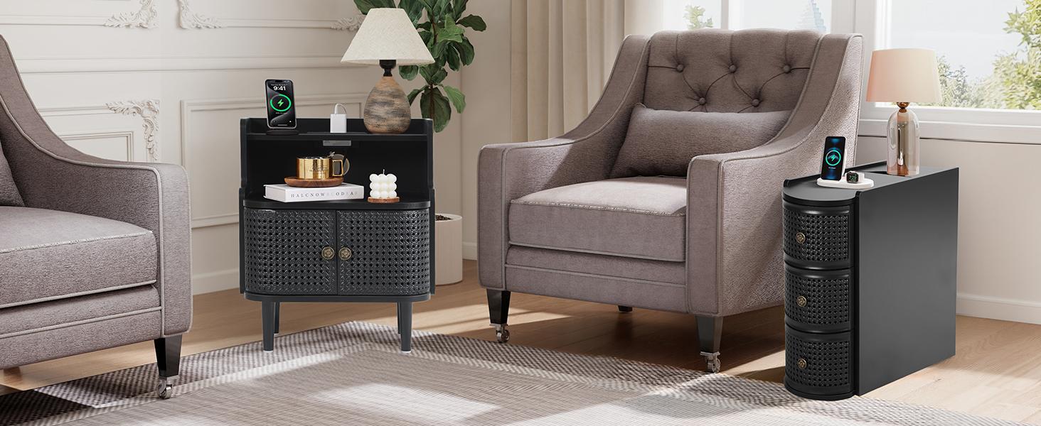 Giratree Metal Rattan Narrow End Table with Charging Station, Black Side Table with Drawers Storage, Small Night Stand with Power Outlets and USB Ports, Sofa Side Table for Living Room Giratree Metal Rattan Narrow End Table with Charging Station, Black Side Table with Drawers Storage, Small Night Stand with Power Outlets and USB Ports, Sofa Side Table for Living Room