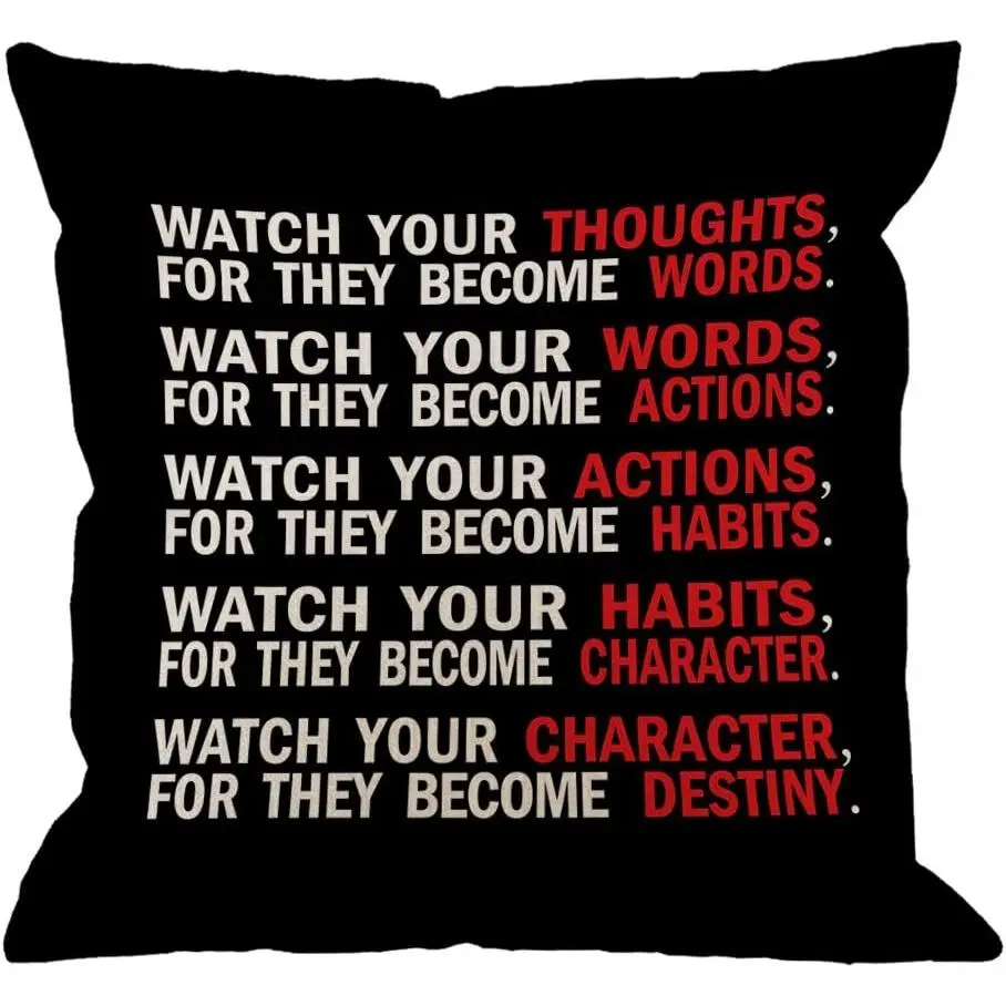 Cotton Linen Cushion Cover - 18x18 in, "Watch Your Thoughts" Motivational Print, Invisible Zipper, Luxury Look, Machine Washable, Removable, All Seasons Home Textile for Living Room Room Decor (Black, White, Red)