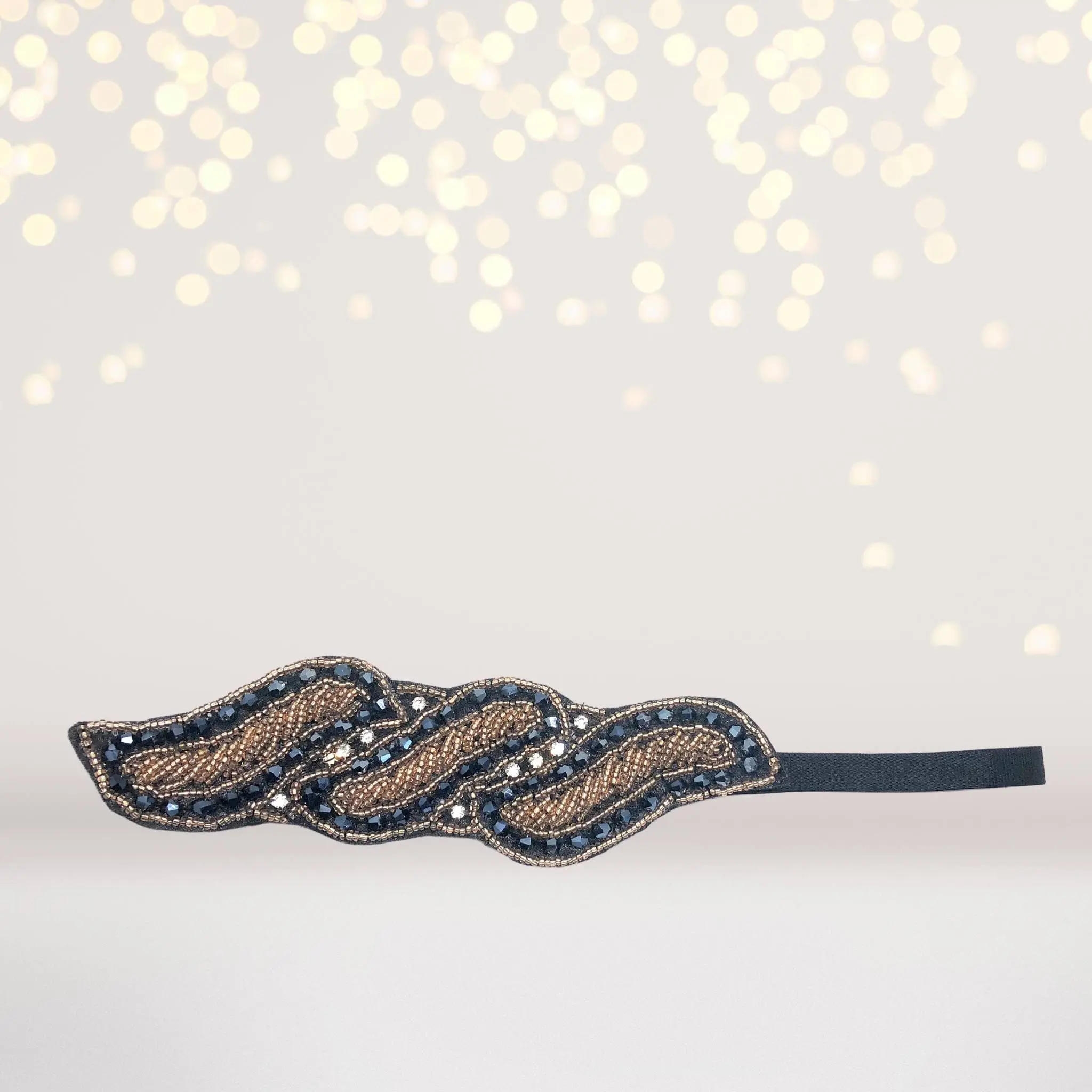 Women's Vintage Gatsby-Era Beaded Headband - Elastic Black & Gold Leaf Motif Hair Accessory, 20s Flapper Costume, 2in Gold Beadwork, Polyester Synthetic, One-Size-Fits-All for Female Holiday Parties, 2 Inches