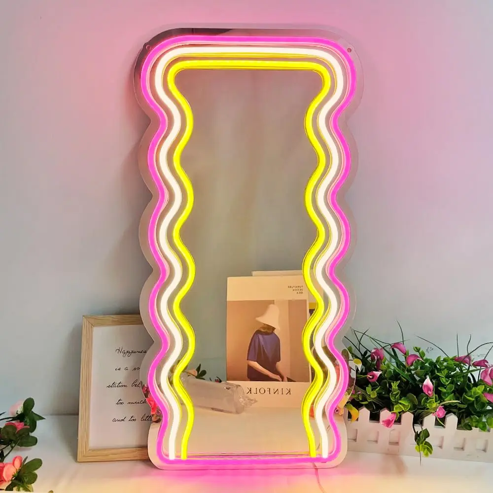 Wavy Mirror Neon Signs for Wall Decor, USB Powered Wall Mounted Decorative Mirror with Dimmable Neon Lights, Atmosphere Light Sign, LED Signs, Funny Preppy Room Decor and Office Decor, Colorful