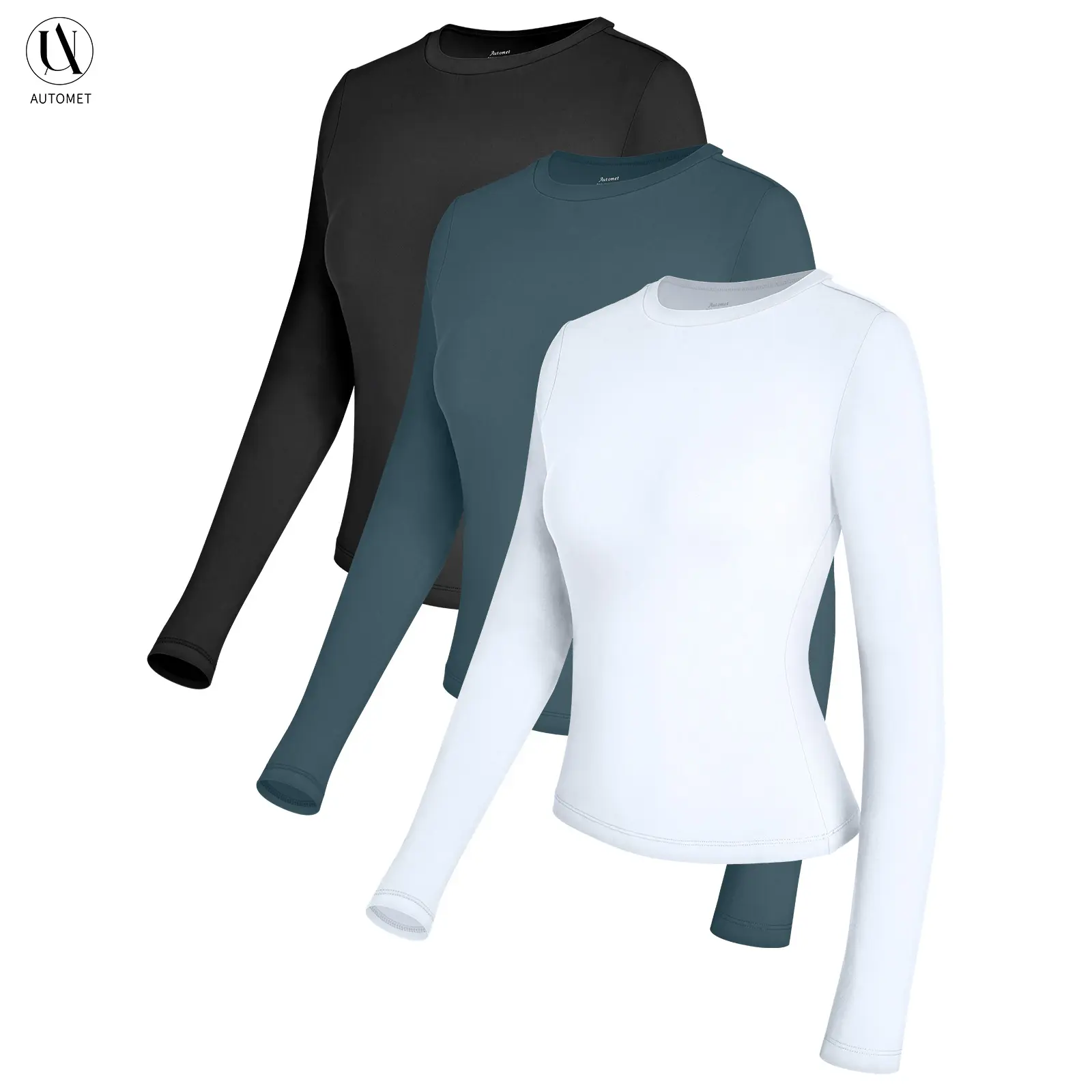 AUTOMET Women's 3-Piece Long Sleeve Basic Crop T-Shirts - Slim Fit, Soft Polyester Fabric, Round Neck, Simple Style, Fall Fashion, Going Out Tops, Y2K Underscrubs Layer, Haze Blue/White/Black Womenswear Blouses & Shirts women, Streetwear, Cargo