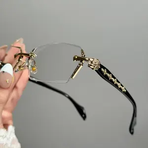 Frameless Glasses with Blue Light Blocking - HD Clear Lenses & Sparkling Diamond-Cut Edges, Fashion Metal Temples for Women Men, Computer Gaming Readers, Daily Street Style Eyewear