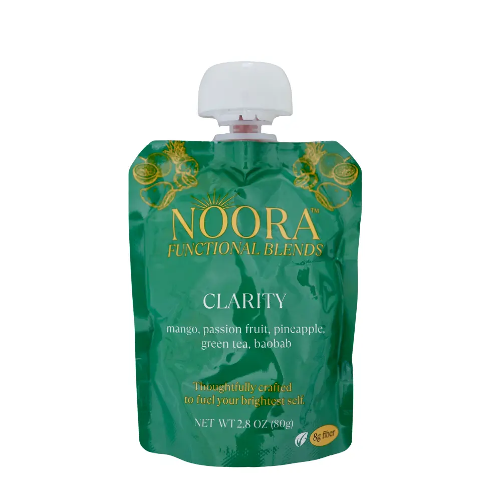 NOORA Blends Clarity 8-Pack | 8G Fiber Per Pouch | Organic Mango, Passion Fruit, Green Tea & Baobab | Fruit Functional Snack Pouches |Gut Health | No High-Intensity Sweeteners | Drink, Blend, Drizzle