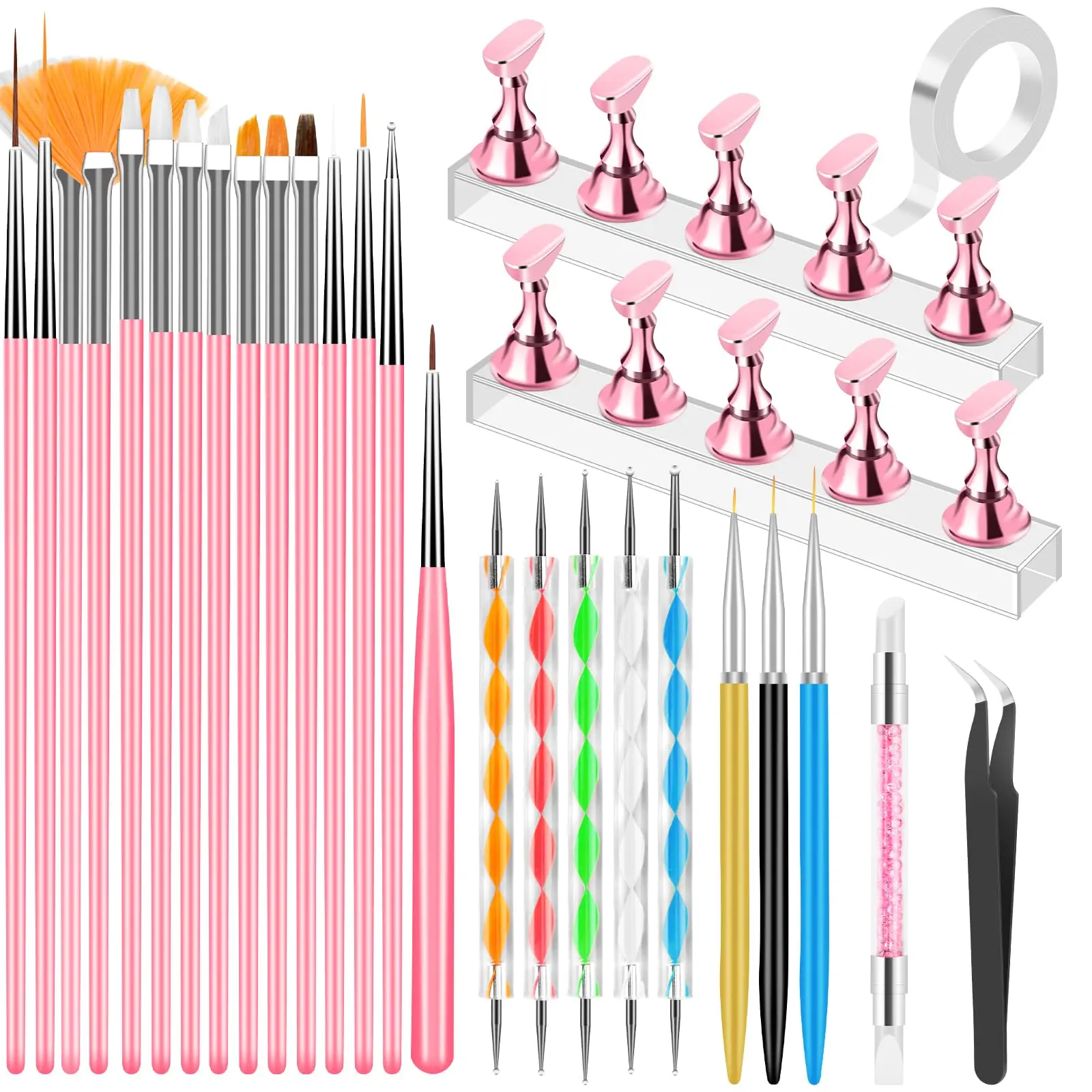 28-In-1 Nail Art Tools with Nail Stand, Nail Stuff, Nail Art Brushes | Nail Supplies, Nail Holder for Press on Painting, French Tip Liner Brush, Dotting Tools, Must Have Design Tools for Nail Tech