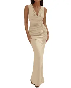 BTFBM Cocktail Dresses for Women Spring 2026 Cowl Neck Sleeveless Ruched Slim Fit Maxi Summer Formal Wedding Guest Dress