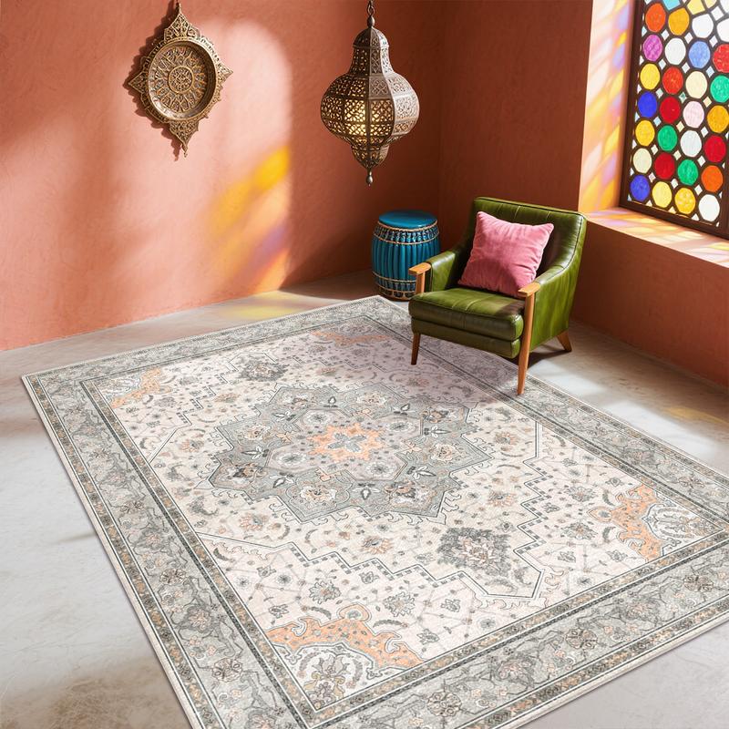 PLUMLIK Bohemian Washable Rugs For Living Room, Dining Room, Soft Low Pile Rug Non Slip Decorative Rug For Bedroom, Performance Rug For Home Decor, Ideal For High Traffic Areas, Gift For Valentine's Day, Housewarming non-shedding boho large carpet rug of