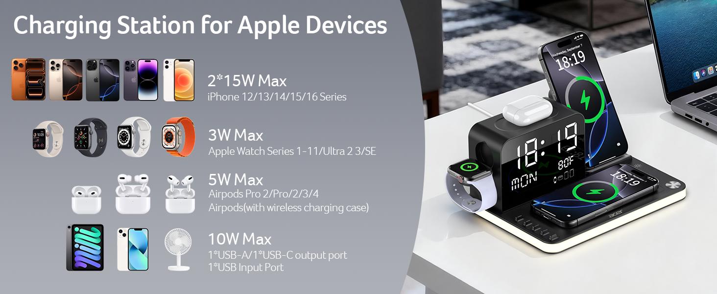 Acer 7 in 1 Wireless Charging Station Charger with LED Night Light, Bluetooth Time Sync Clock & Temperature Display, USB-A & USB-C, Magnetic MagSafe – for iPhone, Android Phone, Apple Watch & AirPods, Gift