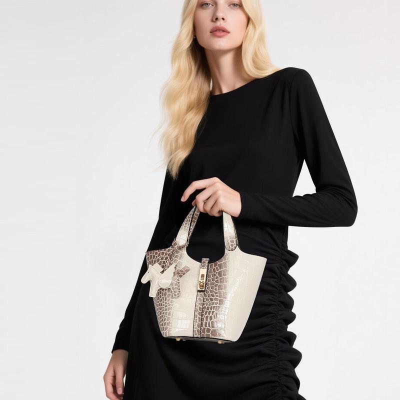 CN6004 Tote Bag for Women Vegan Leather Bucket Purse for Women Crocodile Pattern Top Handle Handbag Shoulder Bag with Detachable Small Purse Apricot TikTokShopHolidayHaul