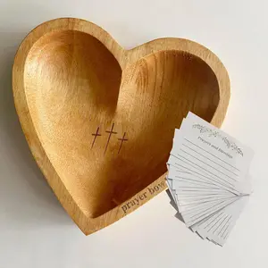 Wooden Heart Shaped Prayer Bowl with 24 Prayer Cards, Hand Engraved Vintage Bowl with Cross Design, Christian Religious Home Decor, Faith Gift for Easter, Mother's Day, Baptism