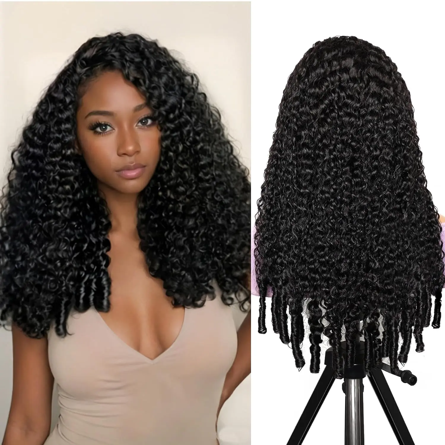 Half Wig Human Hair Burmese Curl Wig for Women 20 Inch 200% Density | Glueless Seamless Flip Over Wigs with Spiral Curls End, Beginner Friendly, 3 in1 Wear Go Drawstring Half Wigs, Natural Color