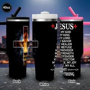 Inspiring Lion and Cross Design, Christian Faith Symbol Tumbler with Lid and Straw, Winter Insulated Travel Mug, Gift for Women and Men, Ideal for Valentine’s Day, Birthday Present, Coffee Cup for Office