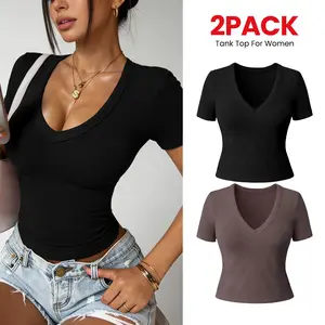 TCVC 2 Pack Ribbed V Neck Crop Tops | Short Sleeve Slim Fit Workout Tops for Women, Suitable for Spring & Summer Wear,Breathable Loose Fit‌, Comfortable Basic Tops