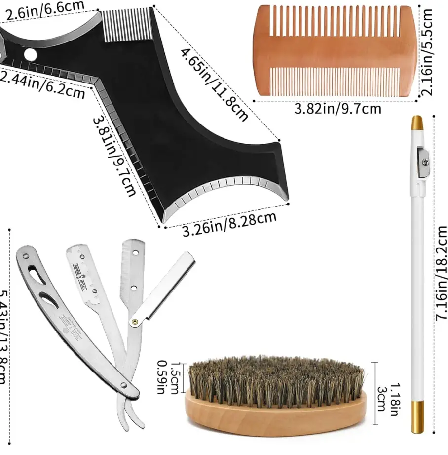 Wango Men’s 6-in-1 Durable Professional Stainless Steel Barber Kit Set - Unscented Multi-Tool, Hair Care & Beard Brush, Straight Razor, Barber Pencil, Comb, Scissors - Daily DIY Edge Control Tool for Adults, Ideal Gift
