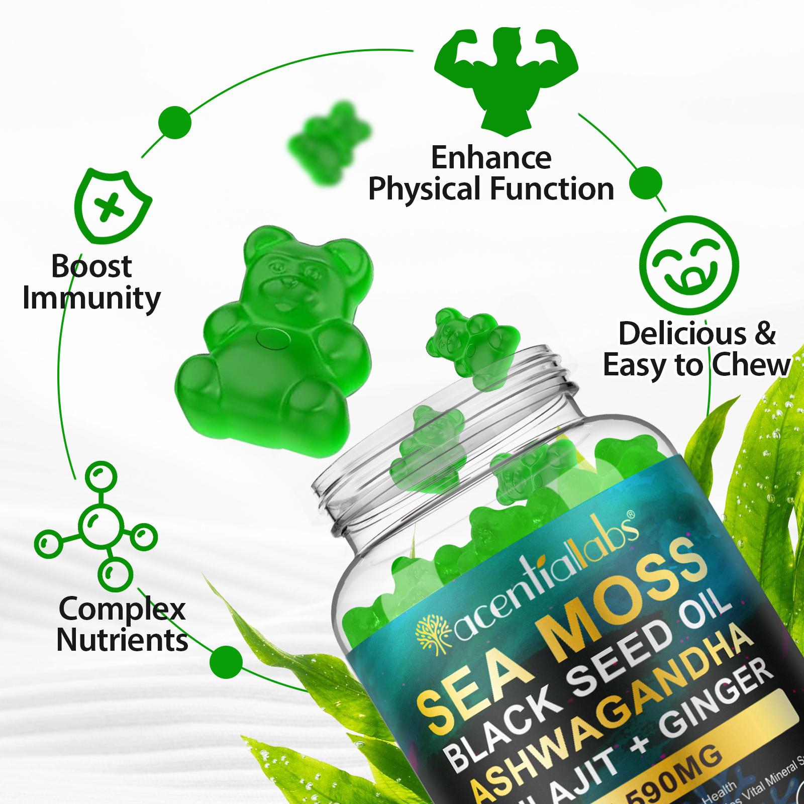 Acentialabs Sea Moss Gummies - 3000mg Sea Moss 2000mg Bladderwrack 800mg Ashwagandha 400mg Burdock Root - Vegan Energy & Immune Support Gummies 60 Count Healthcare Acentialabs Sea Moss Gummies - 3000mg Sea Moss 2000mg Bladderwrack 800mg Ashwagandha 400mg Burdock Root - Vegan Energy & Immune Support Gummies 60 Count Healthcare