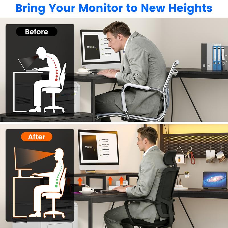 Kepptory L Shaped Gaming Desk, Home Office Computer Desk with Raised Display Stand, 2 Drawers and Glass Cabinets with LED Lights, Corner Desk with Storage Shelves, Power Outlet, Black