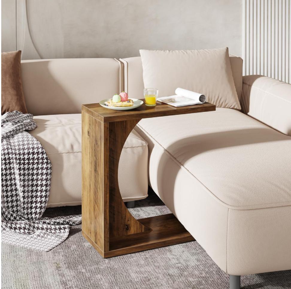 LITTLE TREE C-Shaped End Table, C Table for Sofa, Small Over Couch Tray, Side Table for Living Room, Bedroom, Rustic Brown (Only 1 PC)