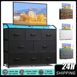 Led Dresser for Bedroom, TV Stand for Bedroom with LED Lights and Power Outlet, Wide Chest of Drawers for Hallway, 8 Fabric Drawers for Living Room and Entryway A fabric drawer dressing table with power sockets and LED lights