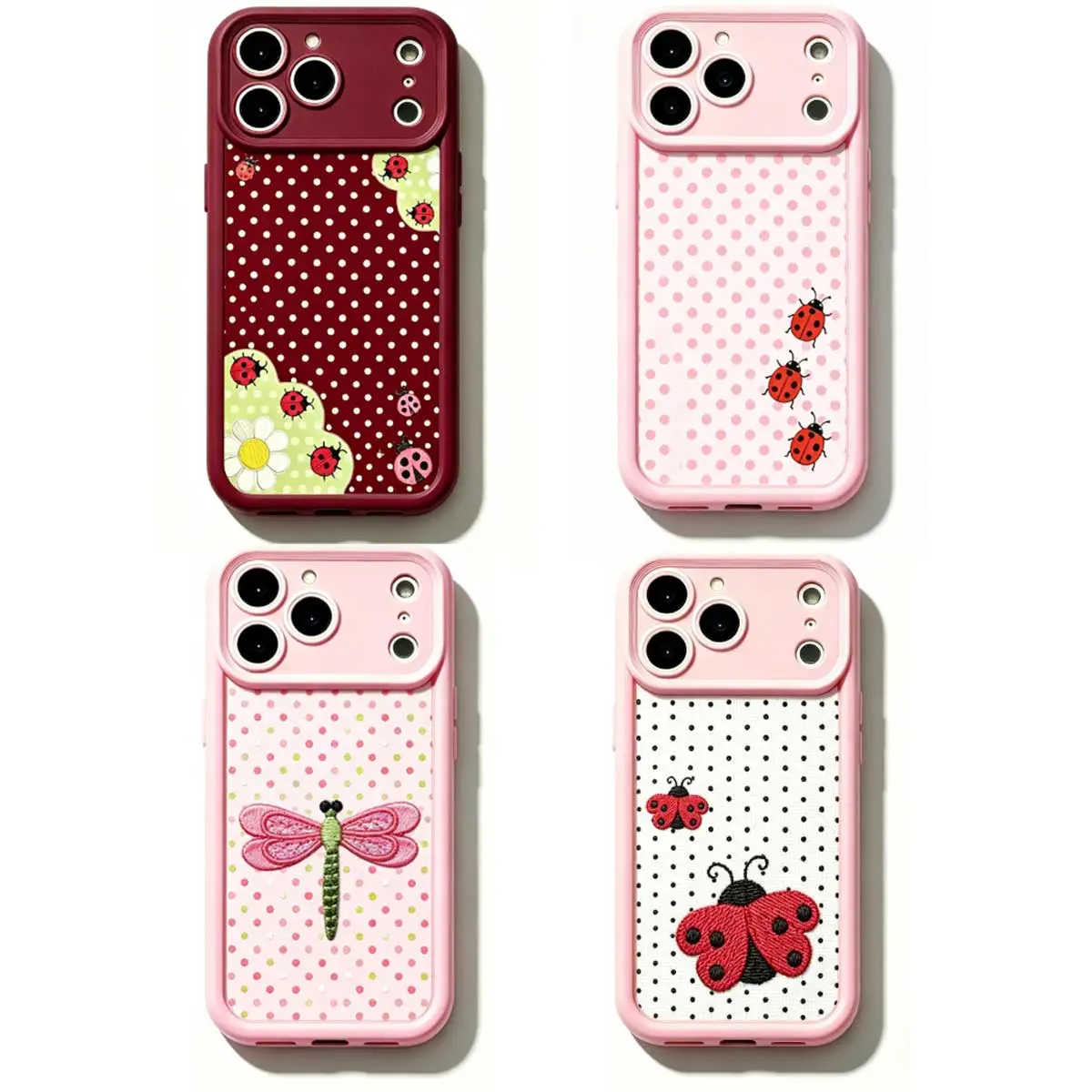 Whimsical Cottagecore Pink Ladybug Floral Polka Dot Patchwork Kawaii Cartoon TPU Phone Case with Lens Protection, Unisex Ideal Gift Compatible with iPhone 11-17 Series & Samsung Galaxy S21-S26