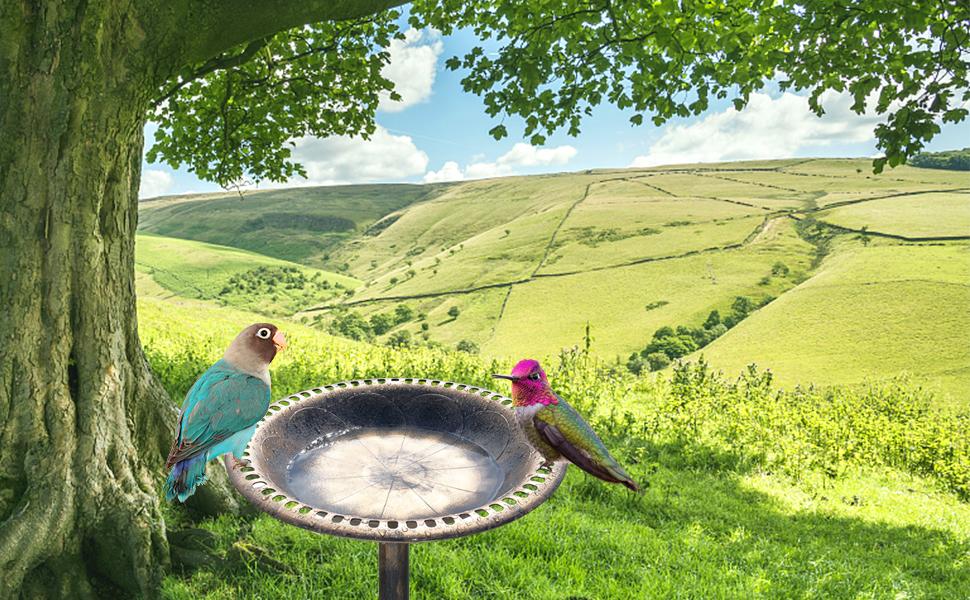 VINGLI 28 Inch Bird Bath with Solar Fountain Antique Copper Weather Resistant Resin Pedestal Birdbaths Floral Accents and Vintage Finish Garden Decor for Outdoor Lightweight Courtyard