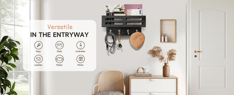 Key Holder Wall Mount, 10 inch Decorative Key and Mail Holder for Wall, with Mail Organizer & 4 Key Hooks, Rustic Wooden Key Rack for Hanging Dog Leash Sunglasses, Entryway Key Hanger, Black