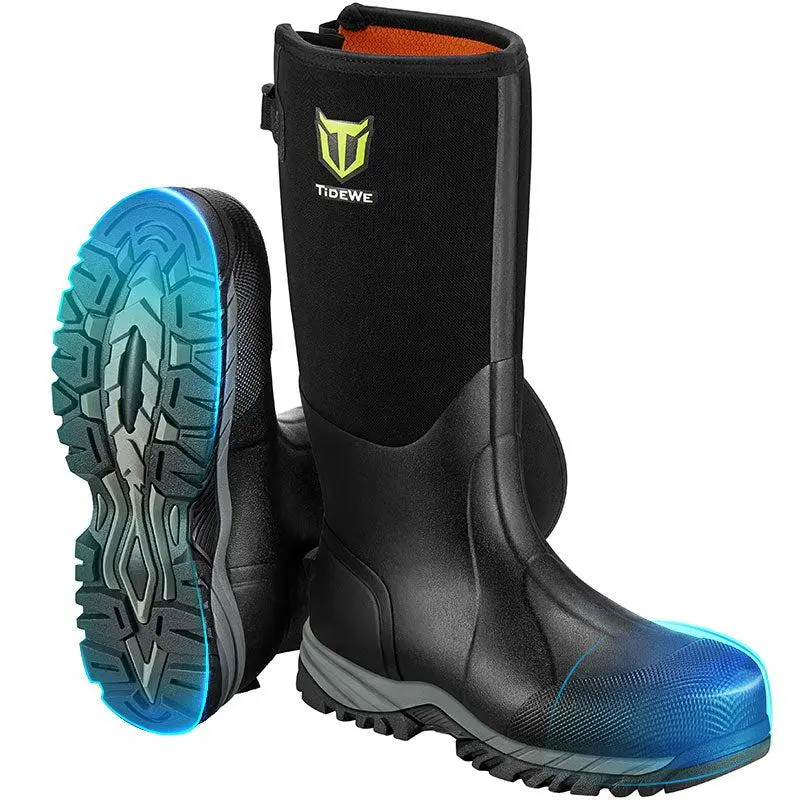 TIDEWE Work Boots Puncture-Proof with Steel Toe & Shank, Waterproof Anti Slip Rubber Boots for men worker, 6mm Neoprene Outdoor Boots Boy Footwear Walking Shoes Comfort Rain Shoes for Men steel toe boot men s boots work Closed Onyx