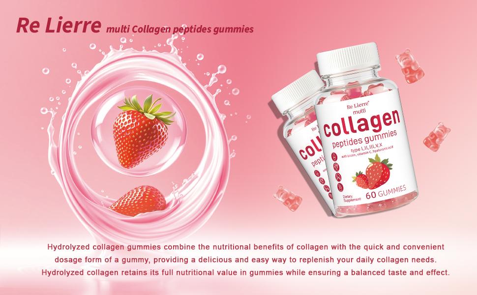 【clearance price】  Re Lierre Collagen Peptide Gummies for Women & Men Sugar-Free 1500mg Protein Types I II III V X 5000mcg Biotin Methylated B12 Vitamins A C D E B8 for Skin Hair Nails Bone 60 Gummies Strawberry flavor and grapefruit flavor