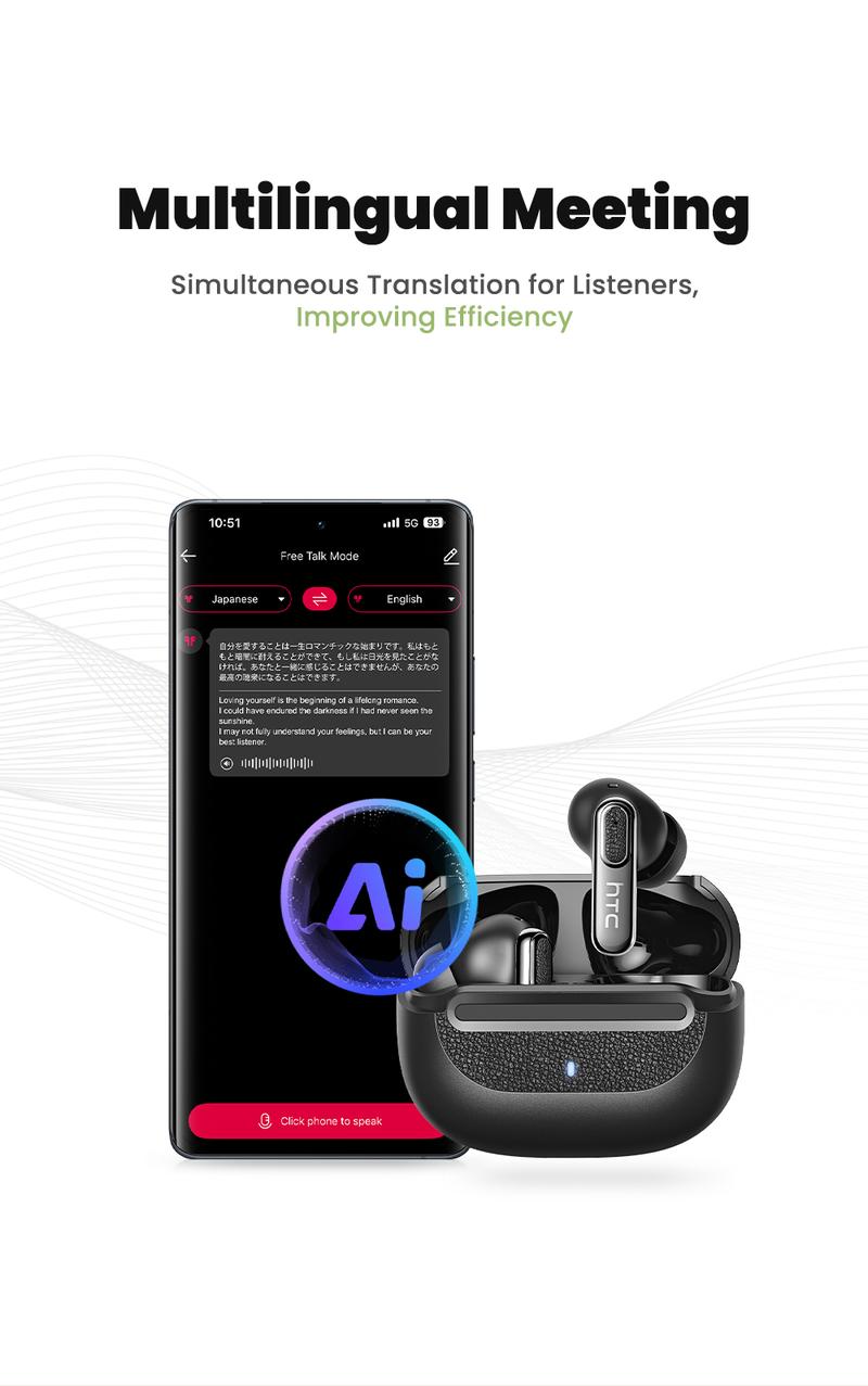 HTC NE60 TWS AI Translator Earbuds, Wireless Bluetooth 6.0, Supports Real-Time Translation in 134 Languages, IPX5 Waterproof, Hi-Fi Sound Quality, Suitable for Exercise, Meetings, Studying