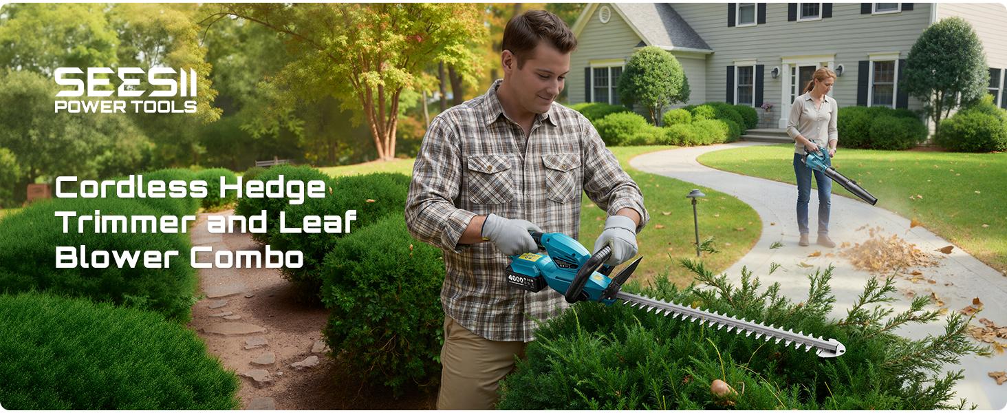 SEESII Cordless Hedge Trimmer & Leaf Blower Kit,With 20" Dual-Action Blade And 2 Speed Modes, 2 Pcs 4.0Ah Batteries, Yard Cleanup Fast & Powerful, Long Battery Life, Safe & Lightweight for Full Garden Upkeep HC100