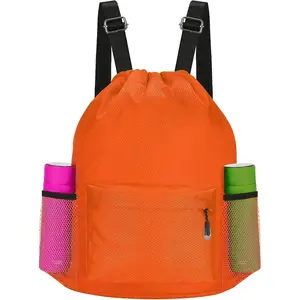 &Waterproof Drawstring Bag, Lightweight String Backpack with Water Bottle Holder and Pockets, Gym Sports Sackpack