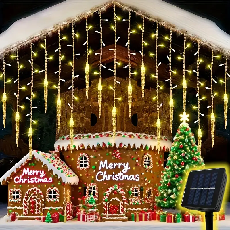 Solar Outdoor Icicle Lights - 8 Lighting Modes, 96 LEDs Solar Powered String Lights with Auto On/Off, IP44 High Quality for Christmas, Halloween, Wedding, Party Decorations