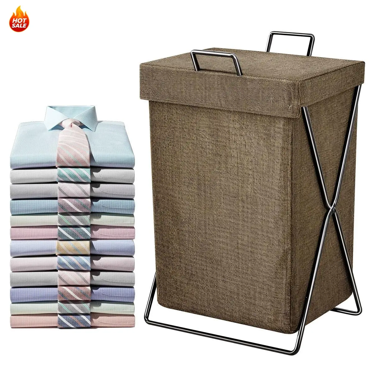 Coffee Color Foldable Canvas Laundry Basket with Foldable Lid - Iron Frame, Machine Washable, Space-Saving Dirty Clothes Organizer for Home, Bedroom, With Lid
