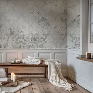 White Vintage Large Scale Damask Distressed Wallpaper Mural in Peel & Stick Canvas Vinyl or Non-Woven