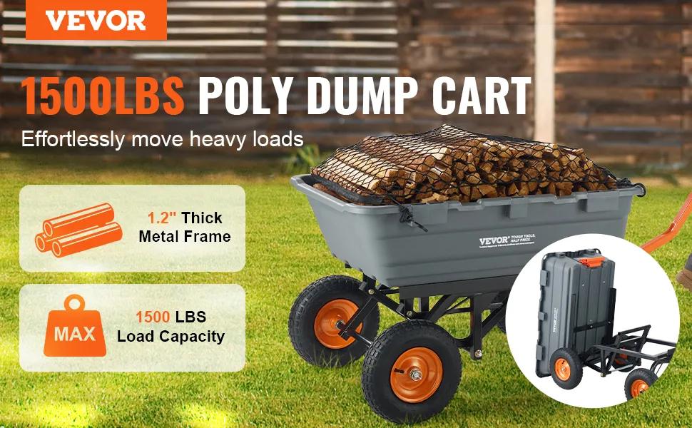VEVOR Poly Garden Dump Cart with Easy to Assemble Steel Frame, TikTokShopBlackFriday, 2-in-1 Convertible Handle, 13 Inch Tires, Max Capacity 1500 lbs, Utility Wheelbarrow Productivity Yard