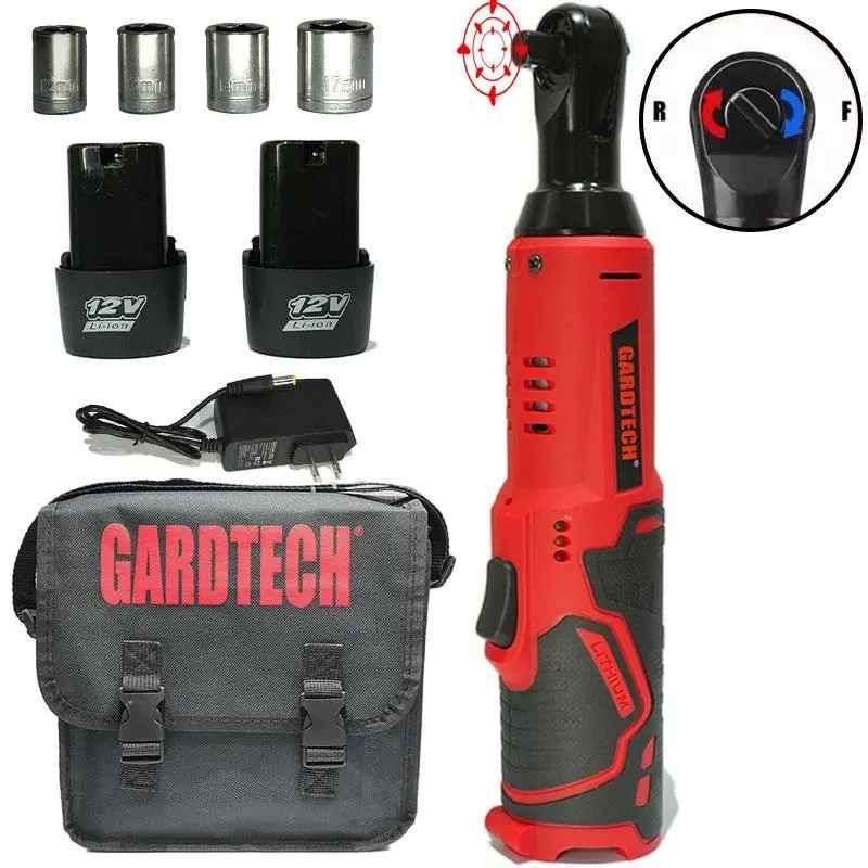 Professional 12V DC Cordless Right Angle Torque Wrench Tool Set - Heavy Duty Electric Ratchet Socket Drive Wrench with 2 x 2000mAh Cells, Built-in White LED Lights, 240Rpm+10%, 0.69kg, Over-Current Protection, 40N.m Auto Repair Power Tool