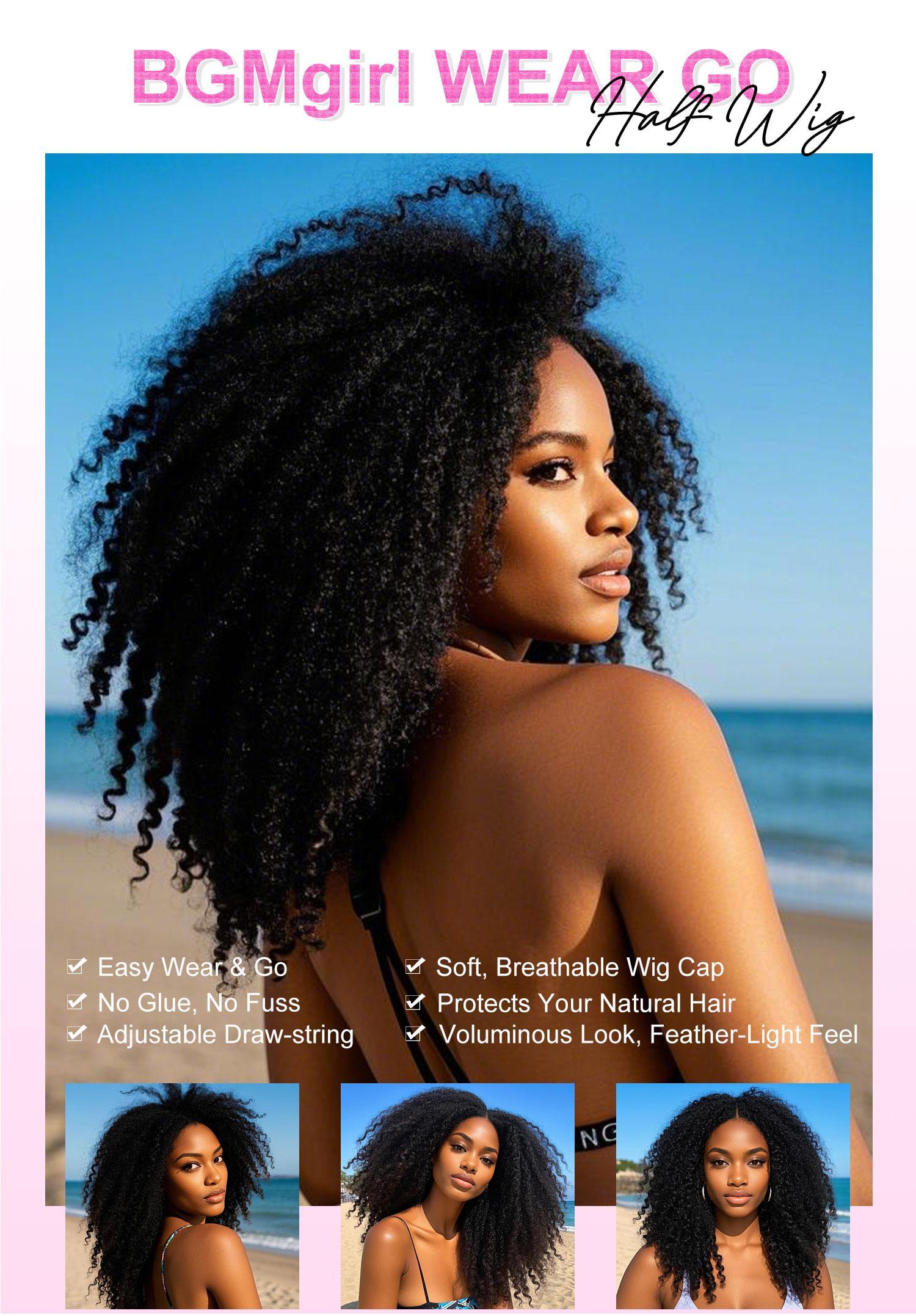 [Wear Go Half Wig] BGMgirl Invisible Hairline Afro Curly Kinky Straight Half Wig Glueless Human Hair Butterfly Yaki Layered Cut Wigs Water Wave Kinky Curly Seamless Flip Over Updo Down Style Hairpiece eve valentines day gift