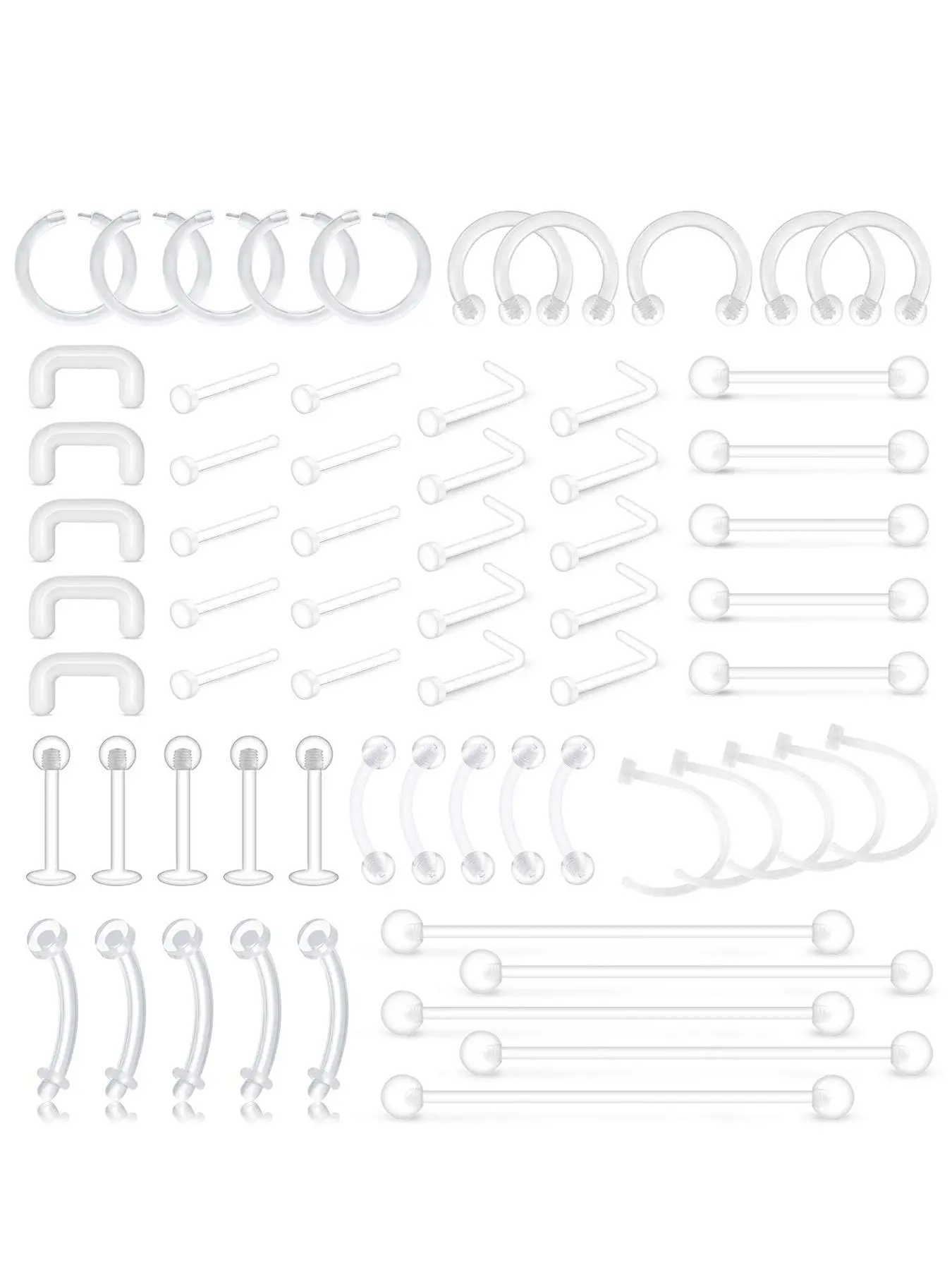 Clear Piercing Retainers, 65 Counts Flexible Lip Ear Nose Septum Eyebrow Nipple Tongue Rings Plastic Piercing Jewelry, Body Jewelry for Party, Nose Piercings Kit, Piercing Party Pack