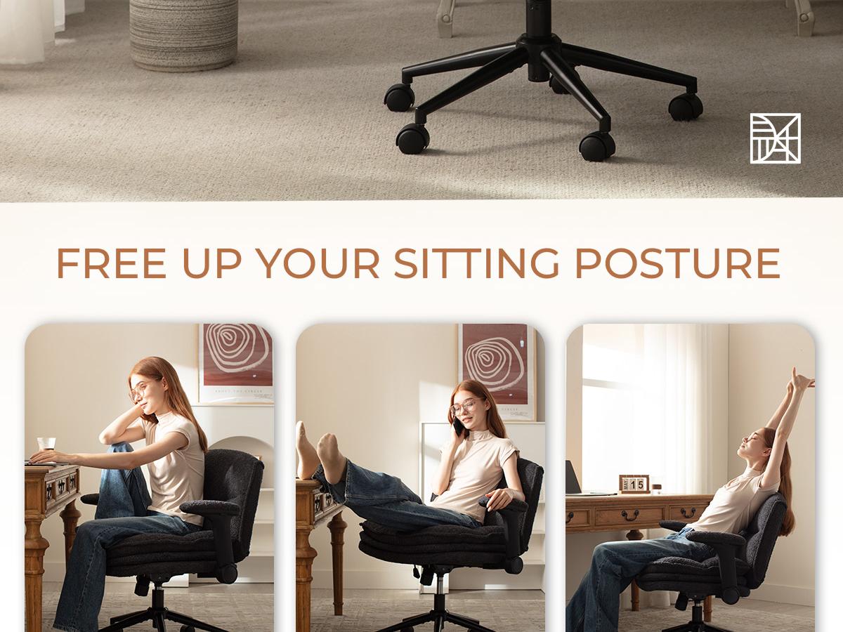 Dowinx Criss Cross Chair with Adjustable Arms and Wheels, Comfort Ergonomic Cross Legged Office Desk Armchair with 3 Layer Cushions, Wide Seat Vanity Chair for Home Office, Living Room, Bedroom