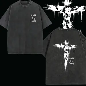 Unisex 100% Cotton Cross & Faith Over Fear Slogan Print Washed Distressed Short Sleeve Tee, Regular Fit Vintage Trendy Casual Relaxed Comfy Round Neck T-shirt for Daily Wear, Men's All Seasons Top, Summer Clothes, Christian Apparel Soft Graphics