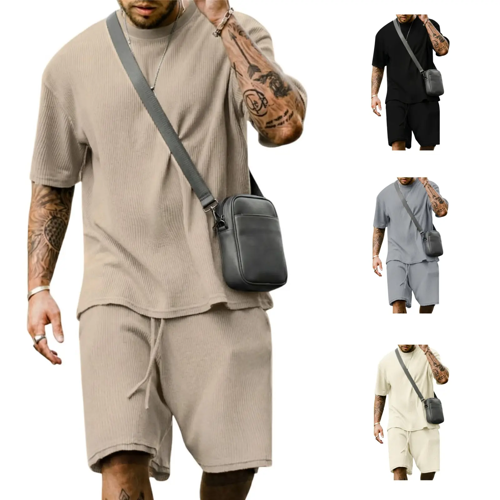 Gihuo Men's Outfits Oversized Short Sleeve T Shirt & Shorts Set Summer Casual Tracksuit Vintage Breathable Elastic Loose Loungewear Matching T-Shirt