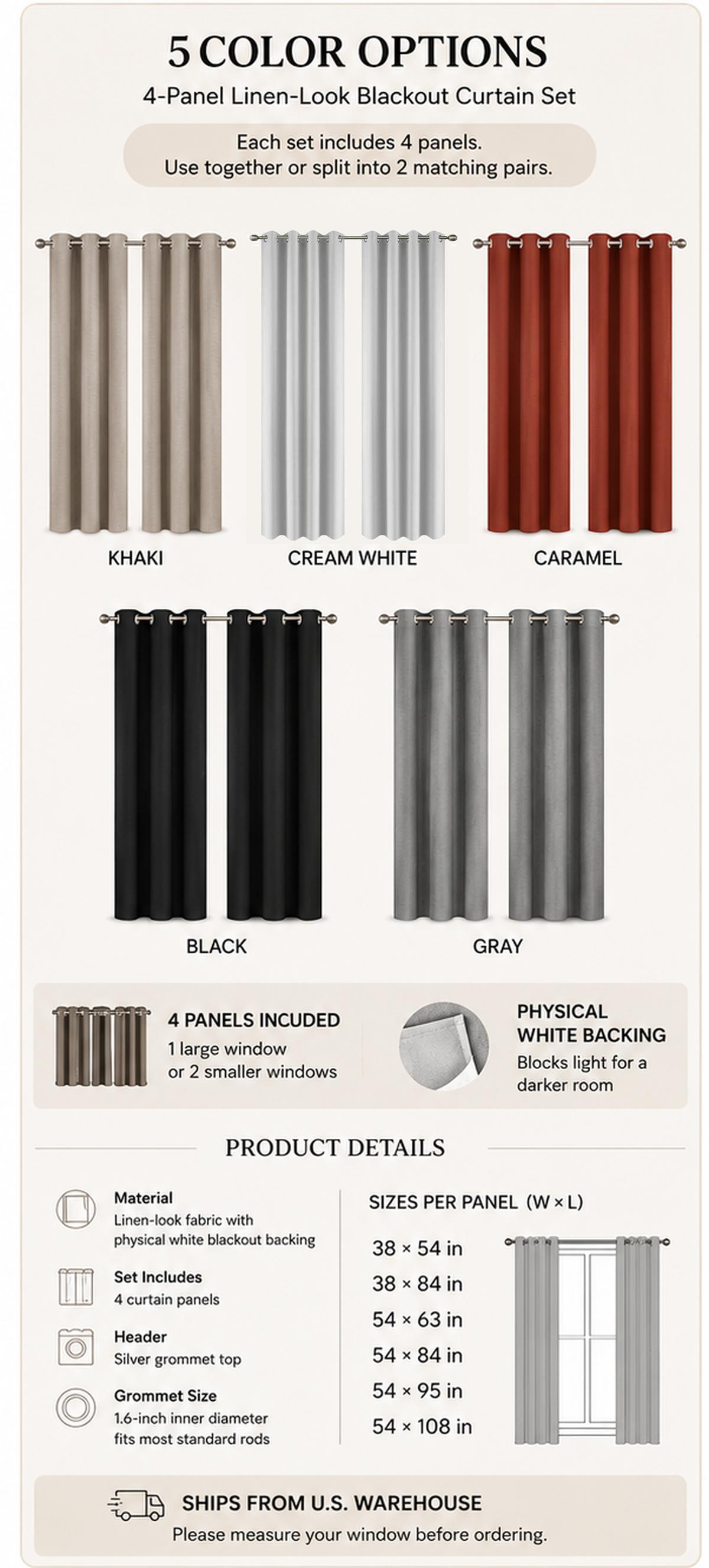Nycto 4-Panel Set 100% Blackout Curtains, Linen-Look Drapes with Physical White Backing & Silver Grommets, Light-Blocking Privacy Curtains for Bedroom, Living Room & Home Office, Use Together for 1 Window or Split for 2 Windows