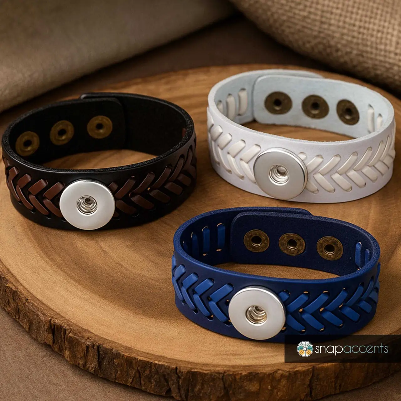 Genuine Leather 8.5 inch Snap Jewelry Ginger Charm Bracelet, Adjustable Weave Unisex Band, Fits 18MM 20MM Women's Snap Charm Buttons
