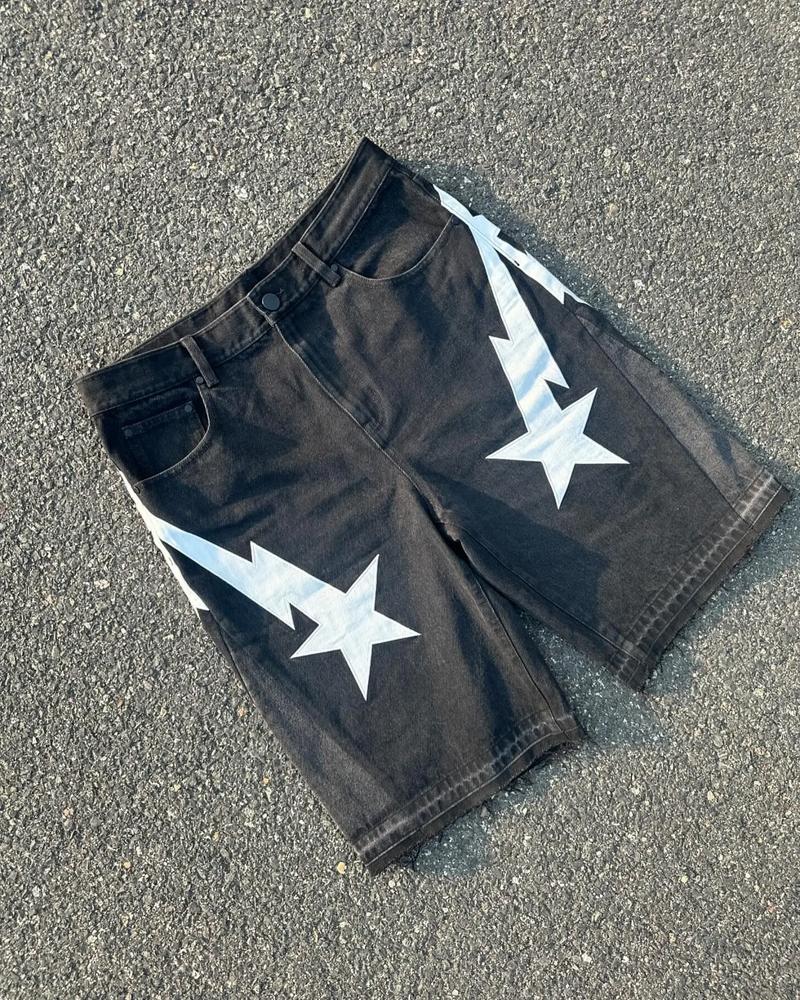 Baggy Wide-Leg Jorts Y2K Embroidered Street Casual